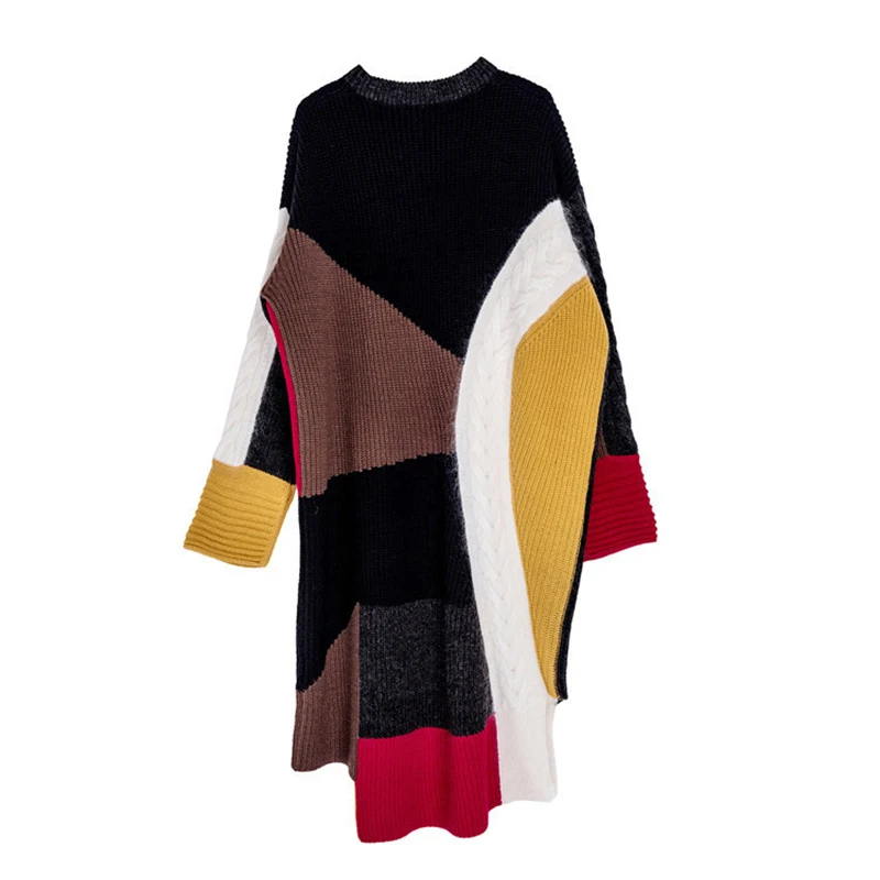 

CHICEVER Casual Asymmetrical Sweaters For Women O Neck Long Sleeve Loose Hit Color Elegant Pullovers Female Fashion Clothes 2020