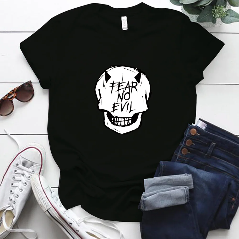 Женские футболки с принтом FEAR NO EVIL повседневные круглым вырезом и черепа размера