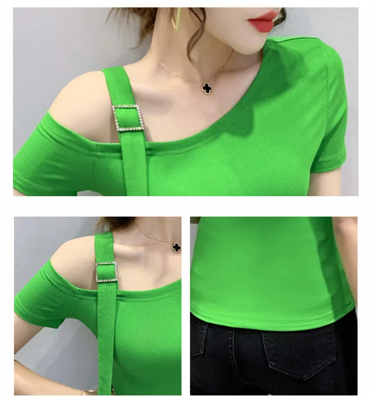 

Summer Korean Clothes Cotton T-Shirt Chic Sexy Skew Collar Diamonds Off Shoulder Women Tops Short Sleeve Pullover Tees T17313A