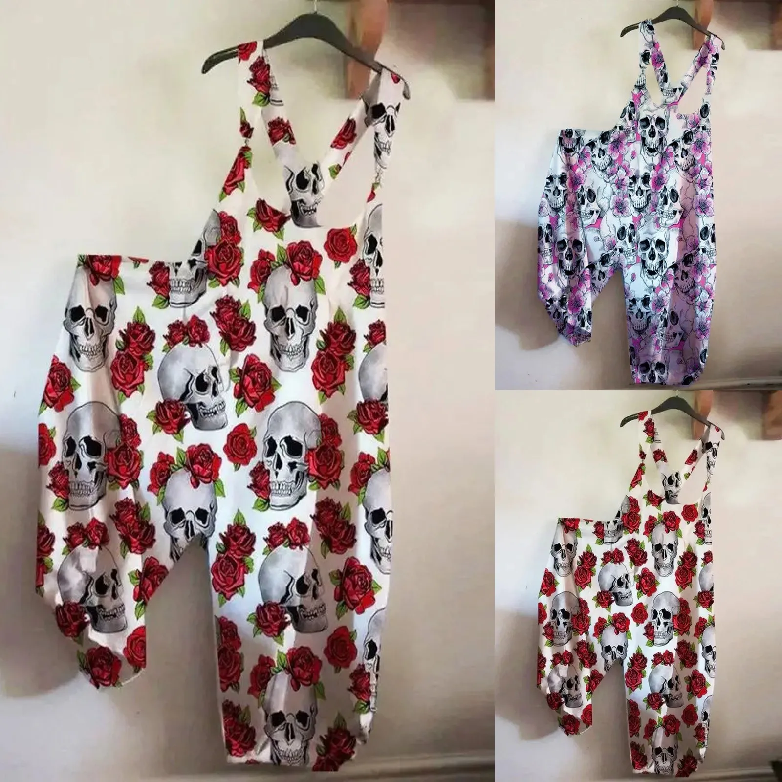 

40# Fashion Jumpsuit Women Skull Rose Print Long Playsuit Button Loose Overalls Plus Size Jumpsuit Romper Combinaison Femme