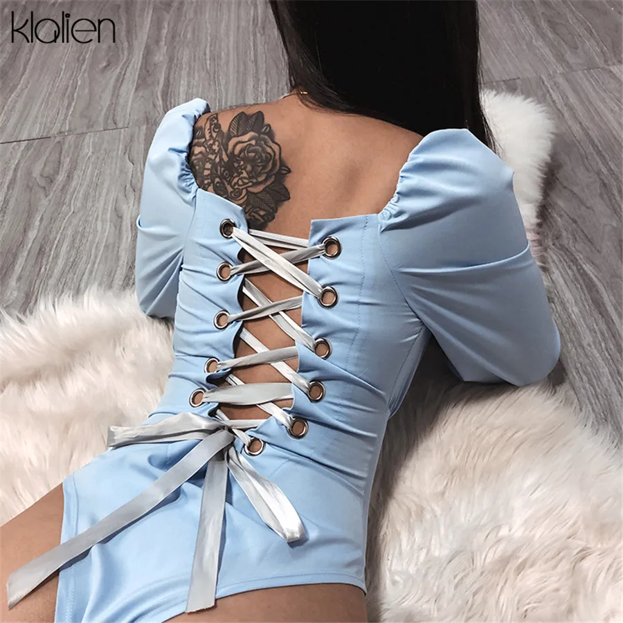 KLALIEN на шнуровке с открытой спиной длинным рукавом тонкий квадратный воротник