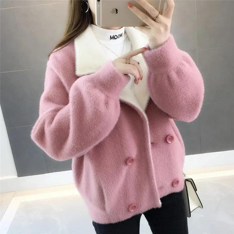 

Women 2021 Autumn Winter Fashion Thicken Warm Short Coats Female Loose Sweater Jackets Ladies Knitted Cardigan Outerwear M302