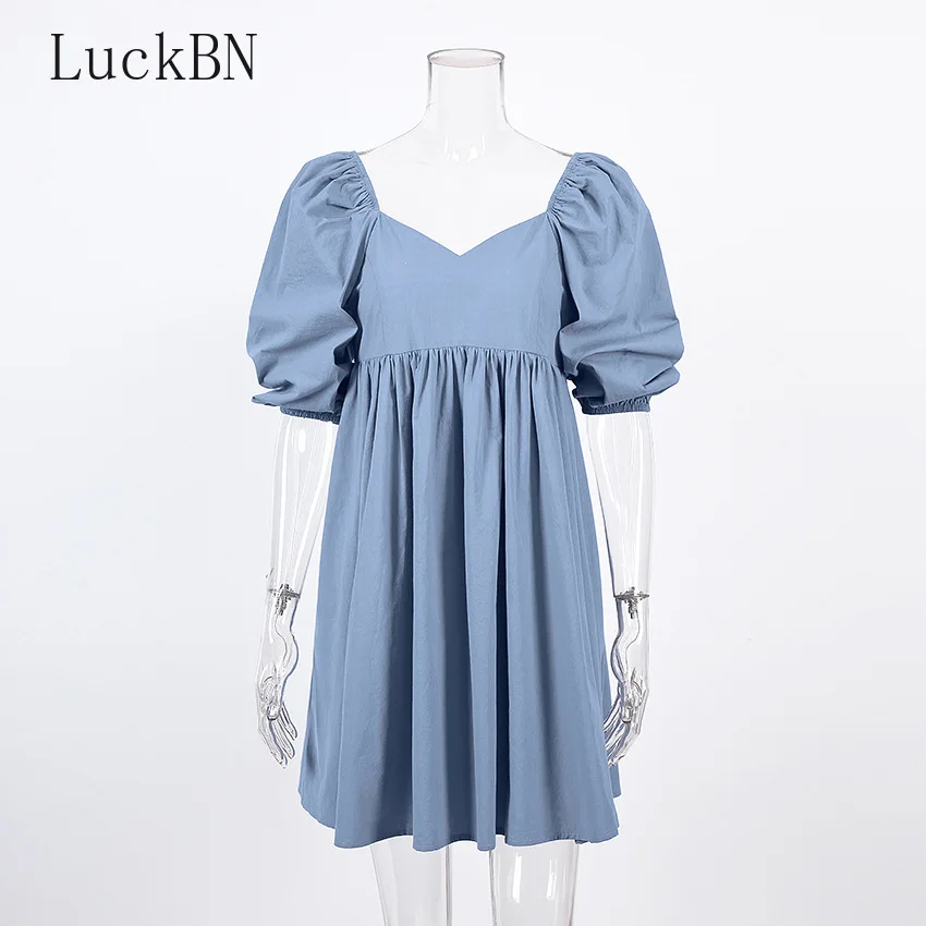 

Square Neck Sexy Summer Mini Dress Cotton Short Sleeve Female High Waist Black Loose A Line Women Dress Puff Sleeve Blue 2021