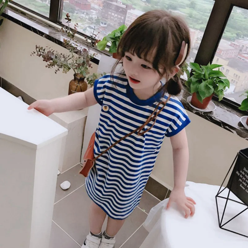 Новые летние платья для девочек повседневное темно-синее платье-футболка в