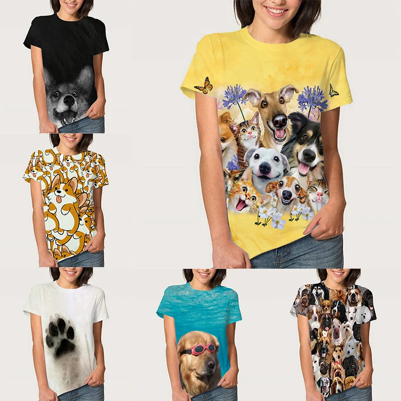 

Women 3D Cute Animals Dog Corgi Golden Retriever Pug Tshirt Summer Unisex T Shirt Short Sleeve Female Streetwear T-shirt Mujer