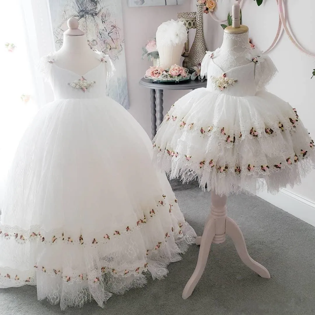 

Пышные тюлевые платья с цветами для девочек, бальное платье с кружевной аппликацией и 3D цветами, маленькое платье принцессы для свадебной в...
