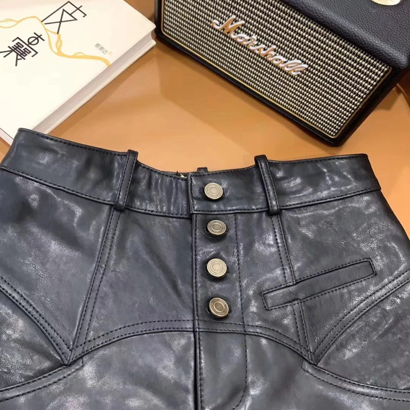 

Women Shorts 100% Sheepskin Genuine Leather 2020 Fashion Female Short Design A Real Slim Hip Waistband