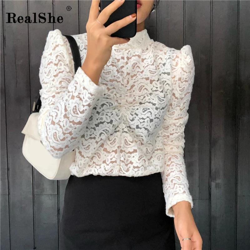 RealShe Женские топы и блузки с круглым вырезом длинным рукавом буфами однотонная