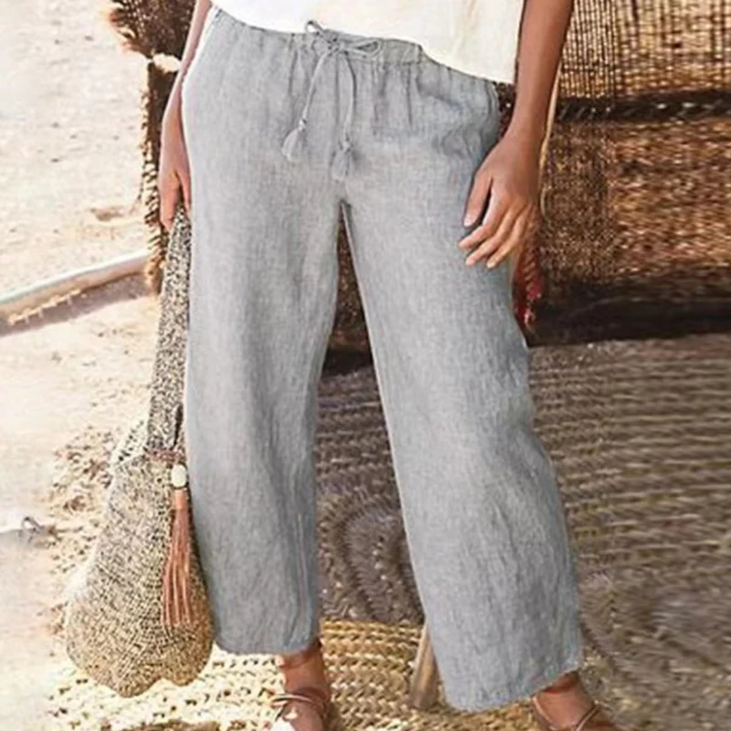 

Women Wide Leg Women's Pants High Waist Solid Drawstring Loose Ankle-length Trousers For Female Casual Trousers