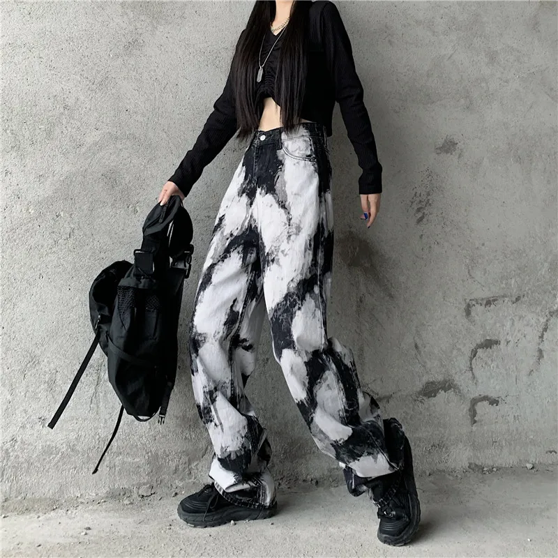 

Street High-waist Washed Jeans Retro Distressed Tie-dye Jeans New Loose And Versatile Trousers Thin Straight Wide-leg Pants