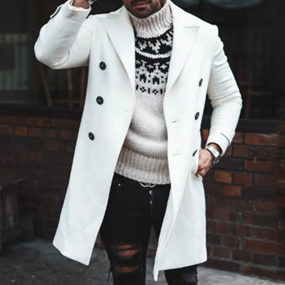 

European Men Coat Double-Breasted White Pocket Lapel Long Trench Oversize Outwear Fashion Casual Office Jacket Spring Thin New