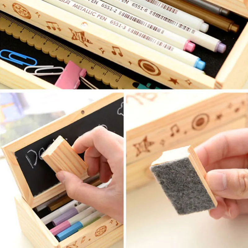 Деревянный Карандаш Чехол 2 Слои большой Ёмкость ручка держатель с черной доски