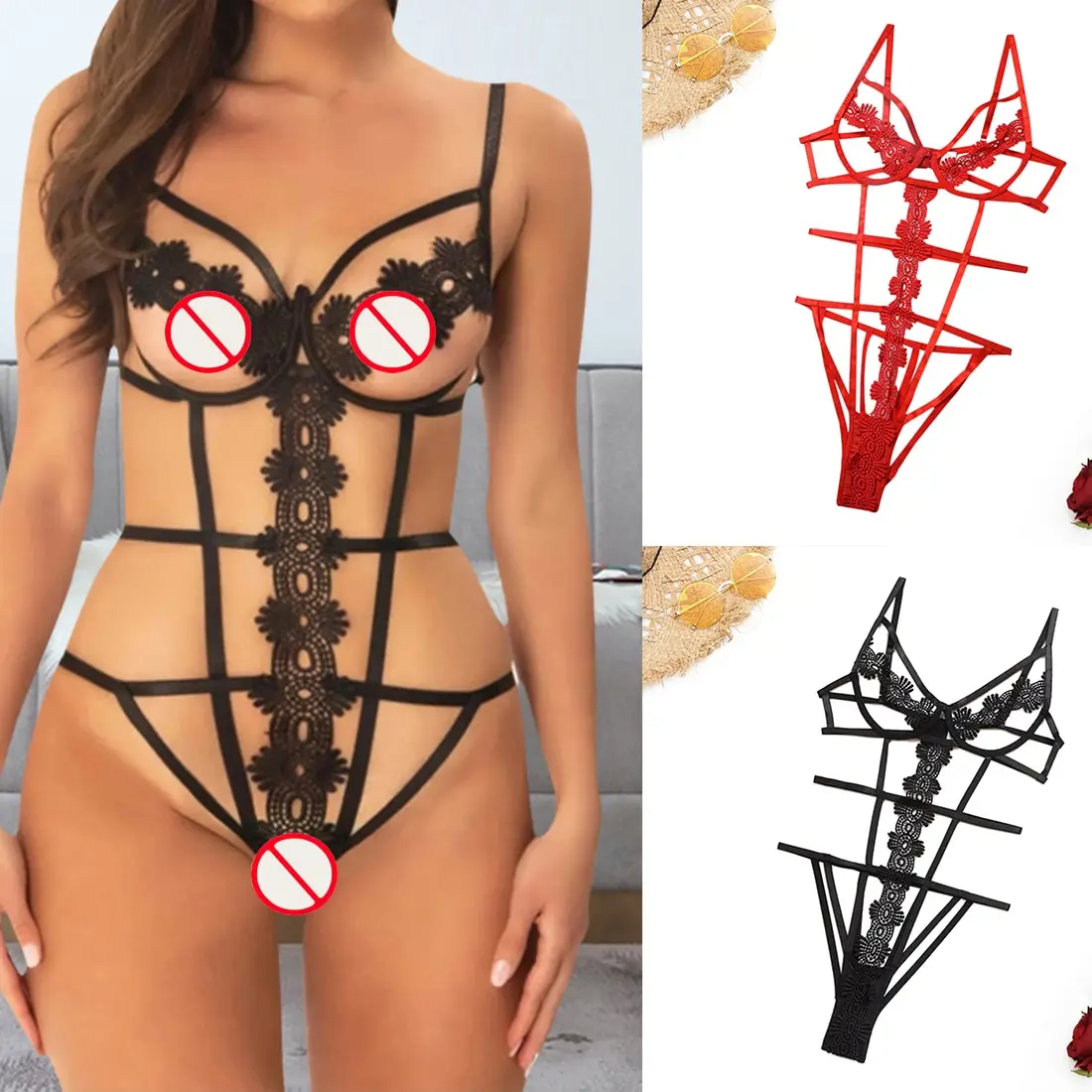 

Big Sale Black Hot Sexy Strappy Bodysuits Party Club Women Body Lace Mesh Floral Bandage Backless Bodysuit Hollow Jumpsuit