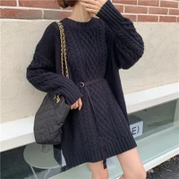 autumn women sweater knitted pullovers mid length korean loose winter o neck long sleeve solid sash elegant cable jumper women