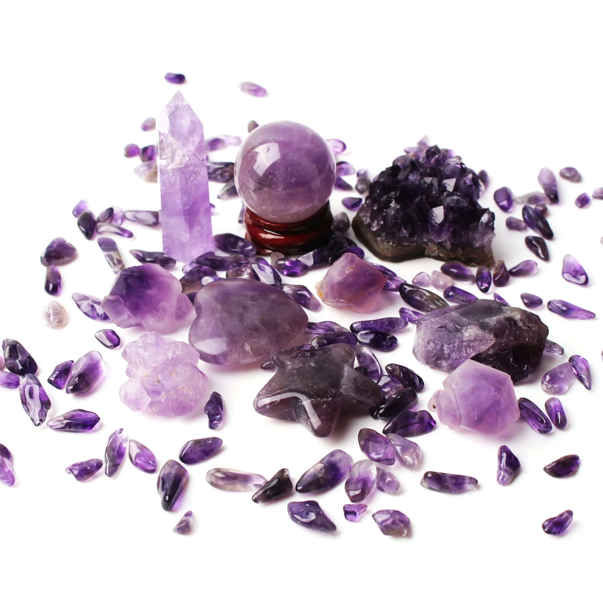 

Смешанные натуральные Аметистовые палочки, 8 видов, шарики, сердечки, гравий, минеральные образцы, Фиолетовый кварц, исцеляющая коллекция ре...