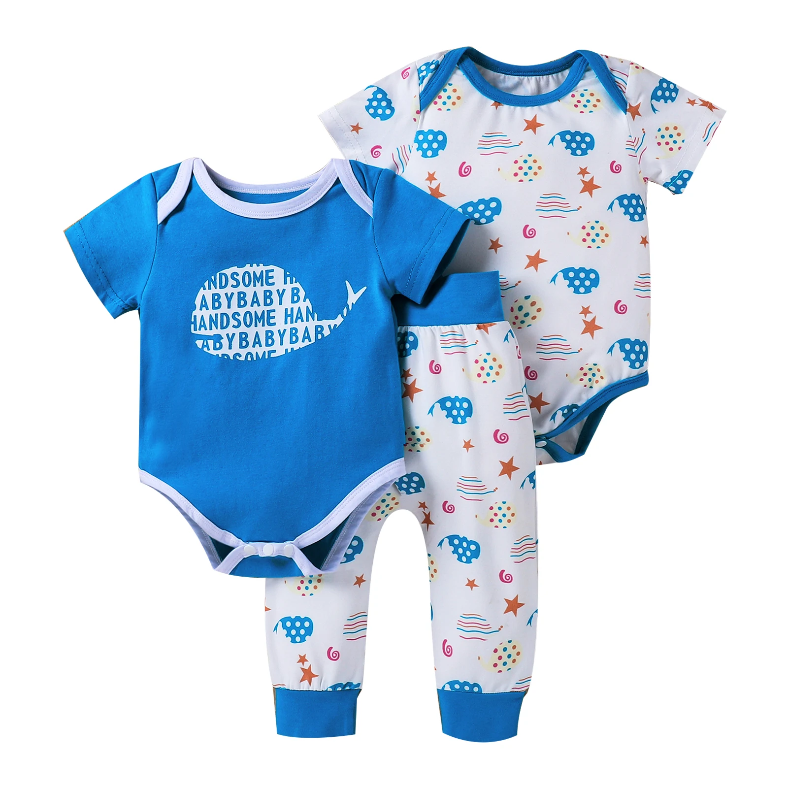 

2021Summer Infant Clothes Baby Boys Clothes Set, Elastic Waist Pants and 2Pcs Round Collar Short Sleeve Romper