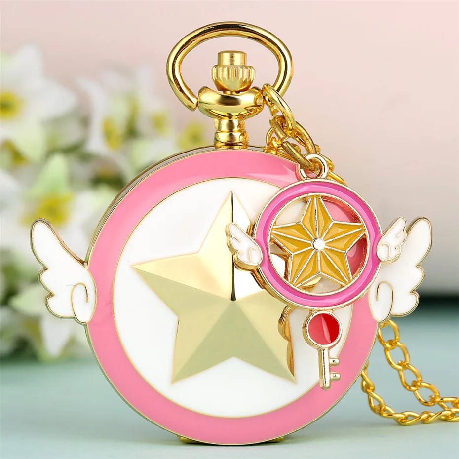 Золотая звезда с двумя крыльями, дизайнерские кварцевые карманные часы, прекрасная розовая девушка, кулон, ожерелье, часы, подарки для студентов