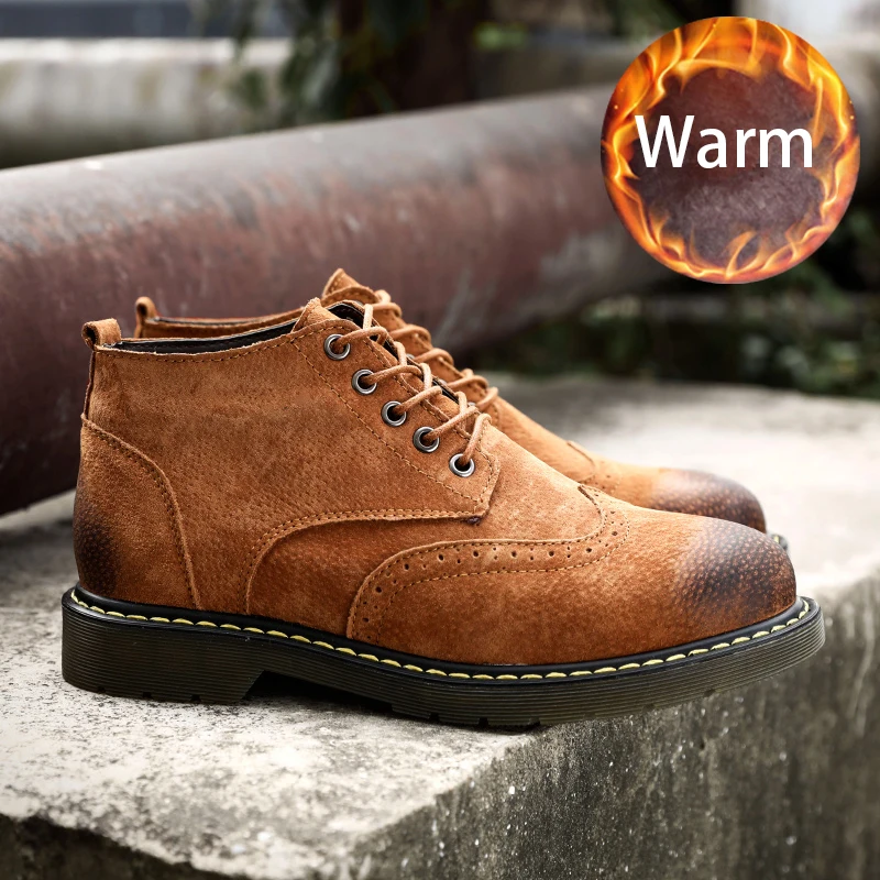 Удобные зимние теплые ботильоны из натуральной кожи меховая резиновая Мужская