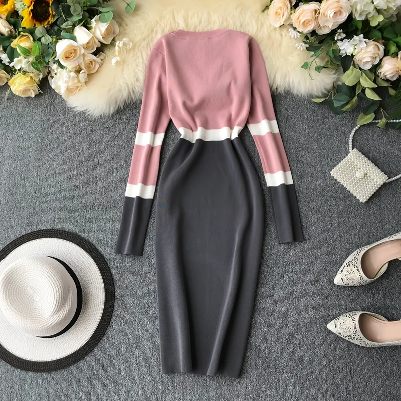 ALPHALMODA осенне-зимнее женское трикотажное платье хит цвета новое ретро с высокой талией цветное с длинным рукавом тонкое трикотажное цельное платье