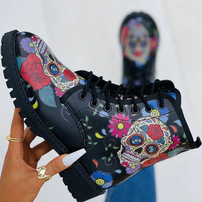 

Ladies Skull Boots Graphic Print Round Hole Lace-up Boots Ladies Short Boots Autumn Winter fashion Chic Prints lady shoes