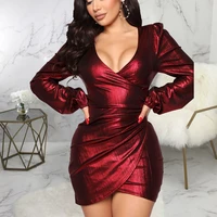 bodycon dress women sexy deep v neck nightclub party mini dresses long sleeve folds slim 2021 fashion woman dress