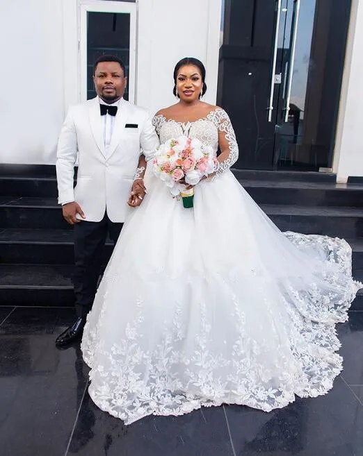 

Vintage Arabic white Lace Wedding Dresses Long Sleeves Ball Gown Tulle Bridal wedding Gowns plus size Vestidos de novia