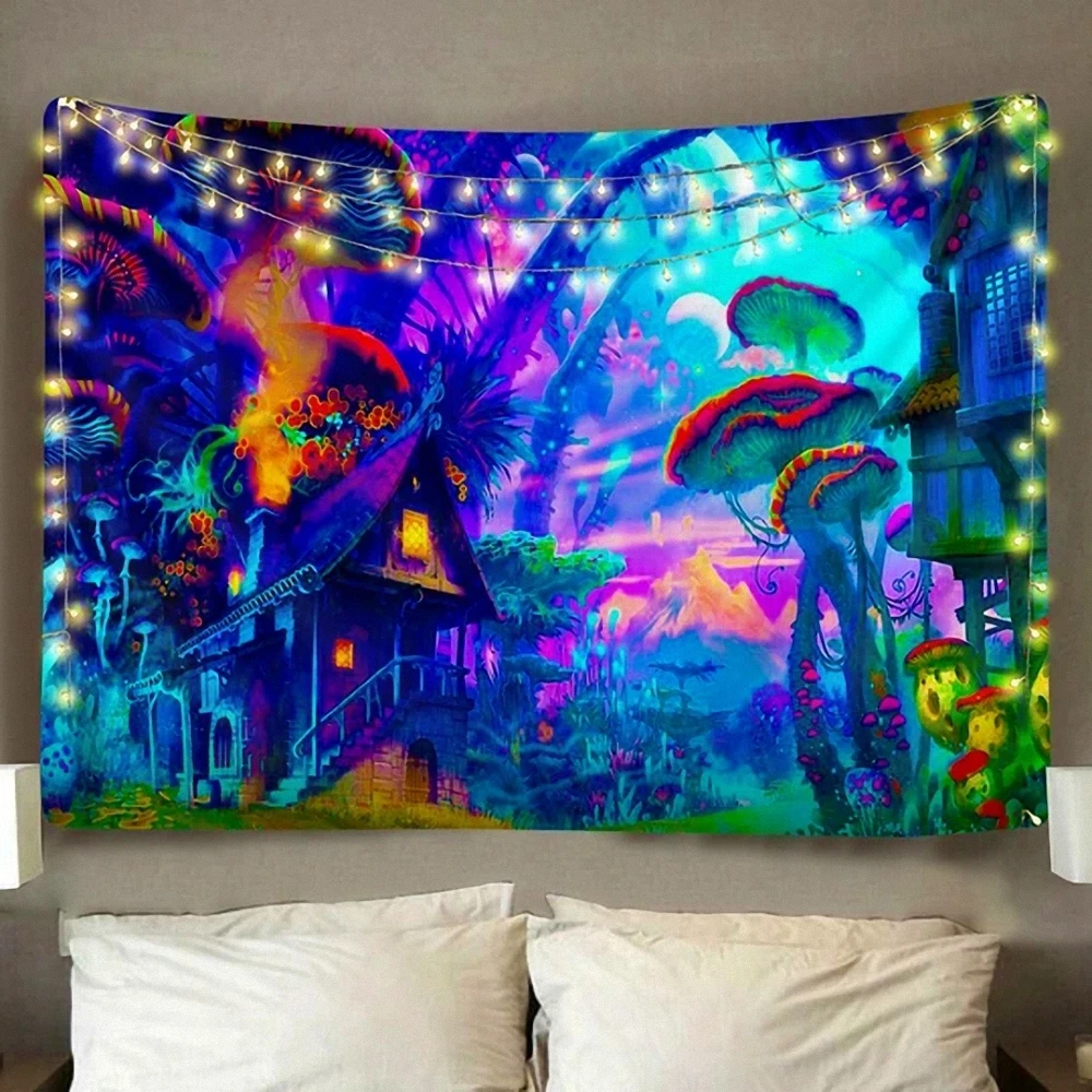 

3D Mushroom Home Yoga Tapestry Travel Sleeping Pad Polyester Fabric 3D Printed Wall Hanging Tapestry 44*74inchs