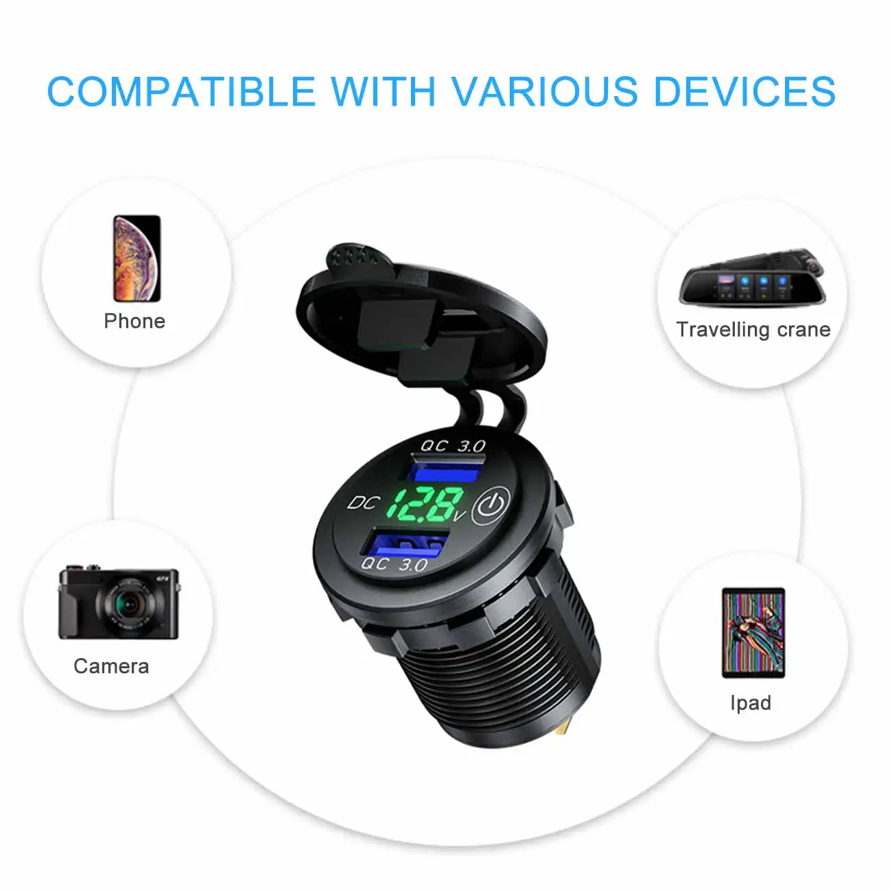 

Dual USB Quick Charge Socket With Touch Switch LED Voltmeter Display Splitter Cigarette Lighter 12V-24V QC3.0 Power Adapter
