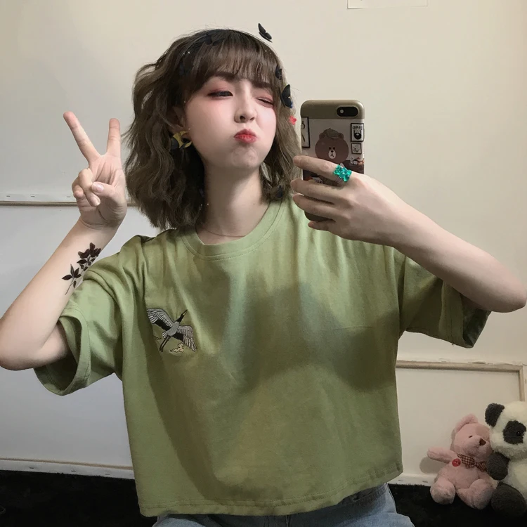 

2020 Summer Korean Harajuku Vintage Graphic T-Shirt Loose Casual Short Sleeve Crop Top Women Brandy Style Clothes