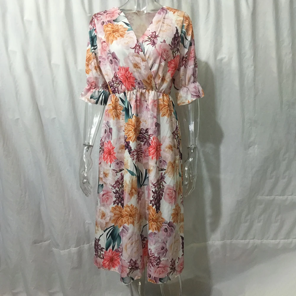 

Fashion V-neck Half Sleeve Floral Print Maxi Dress Women 2021 Summer Casual Elegant party Long Dresses For Woman Robe Femme