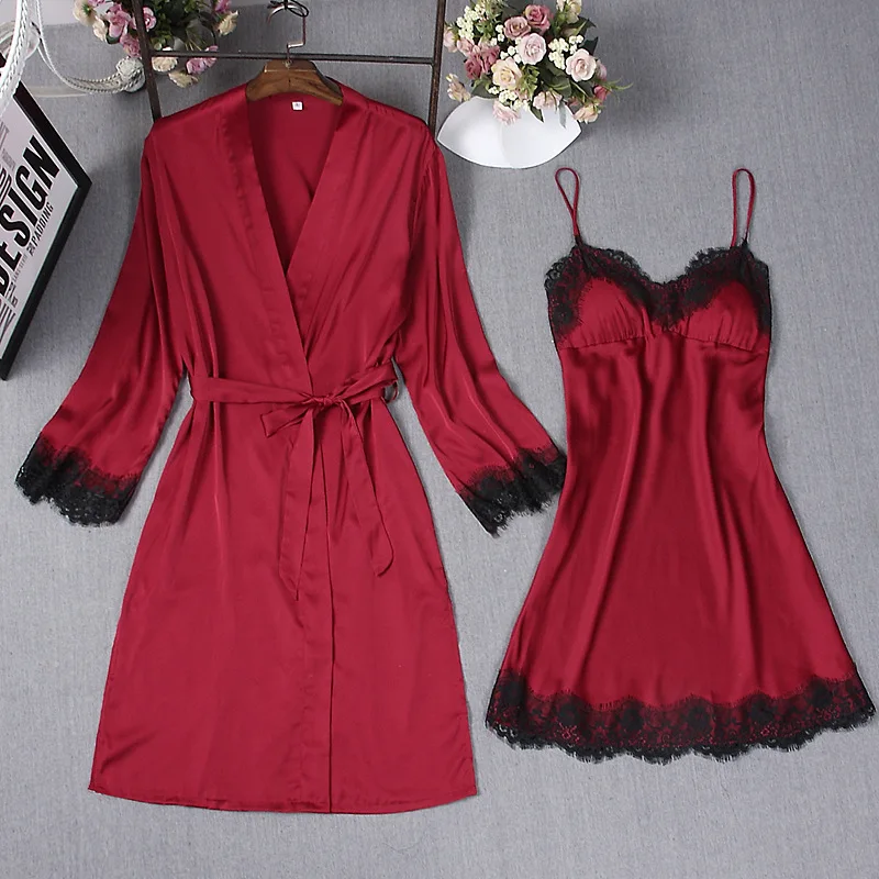 

Black Lace Trim 2PCS Robe Gown Set Sexy Backless Strap Top Satin Sleepwear Summer New Solid Lady Lounge Home Wear With Belt