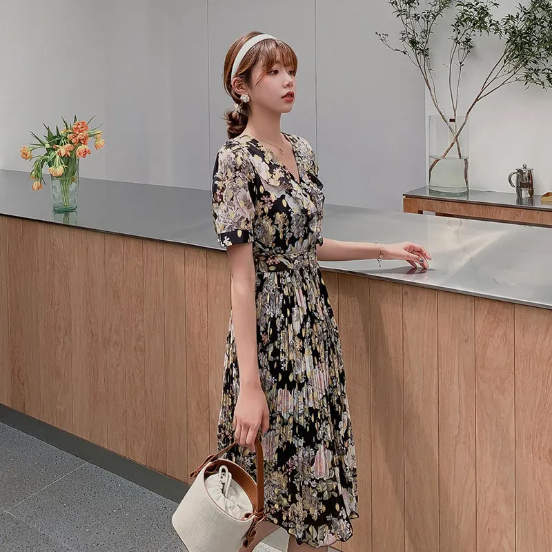 Женское шифоновое платье в стиле Хань изящное тонкое длинное с юбкой и принтом