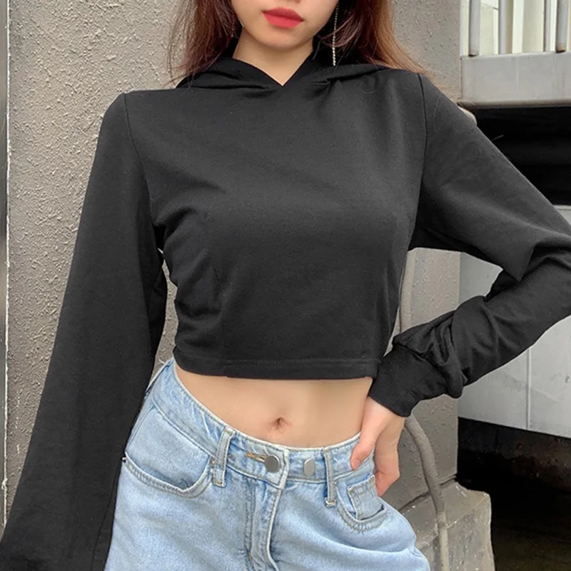 

Backless lace-up sexy nude long-sleeved hooded slim solid color blouse sweater bowknot European and American women's clothing