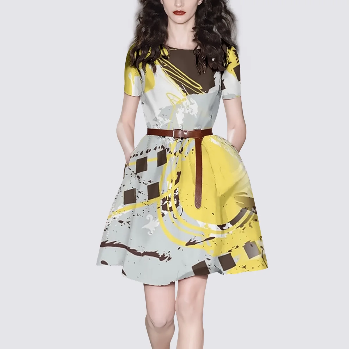 

Fashionable western style small fragrance dress mid-length women's summer new style waist slimming printed A-line skirt