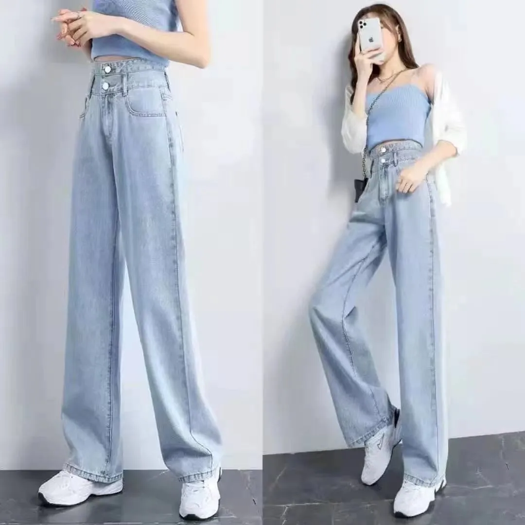 

Женские джинсовые брюки с высокой талией и широкими штанинами, летние синие джинсы, прямые брюки, универсальные модные повседневные свобод...