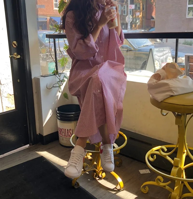 

Женское платье-рубашка в полоску, Осеннее Свободное длинное платье-рубашка выше колена с длинным рукавом в Западном ретро-стиле