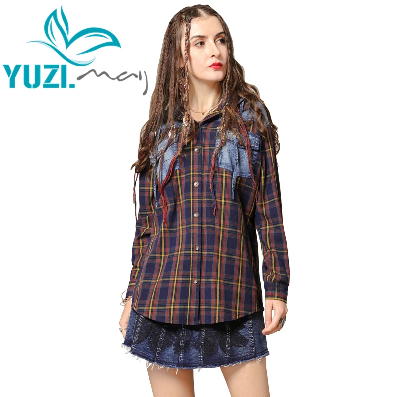 Женская блузка 2019 Yuzi.may Boho новые однобортные клетчатые Женские топы и блузки с