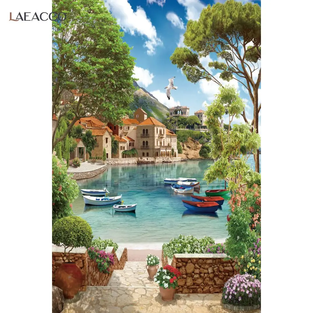 

Фотографический Фоны старого города озеро с рисунком парохода курорт место весеннего неба Живописный фон для фотосъемки фотосессия Фотост...