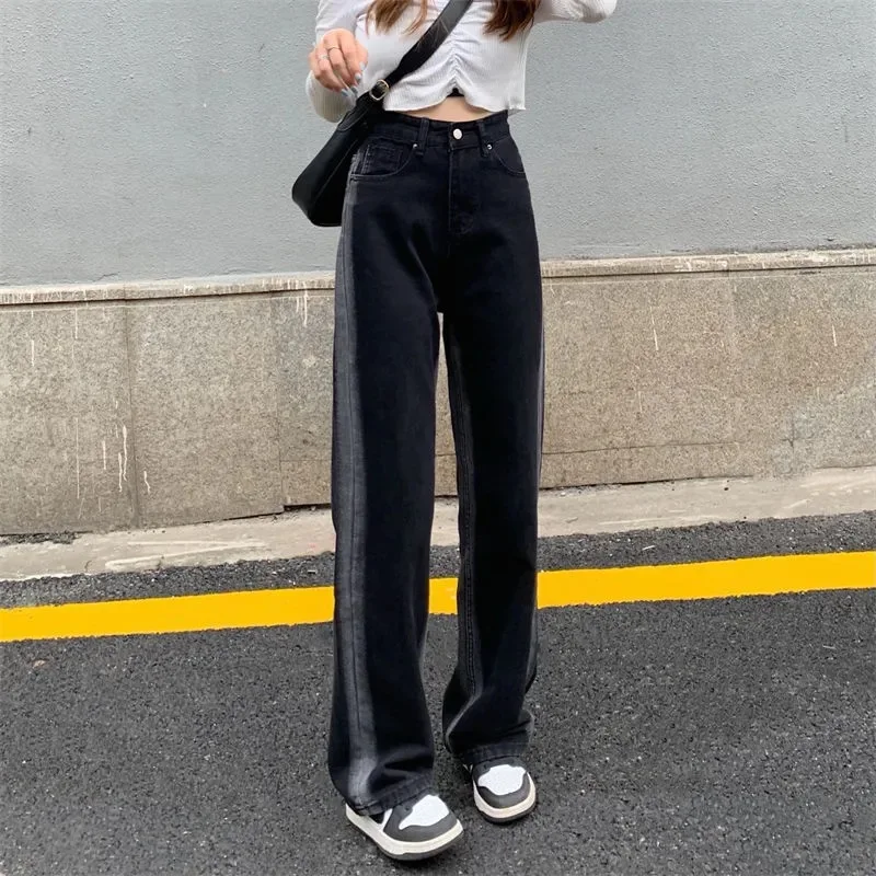 Осенне-зимние корейские Ретро свободные градиентные черные джинсы прямые тонкие широкие брюки-трубы с высокой талией джинсы для женщин