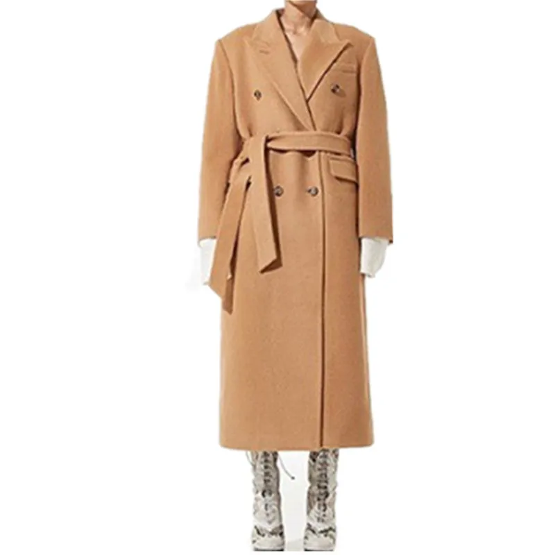 

Elegant Wool Coat Women 2020 Vintage Double Breasted Lapel Khaki Extra Long Coats Femal Thick Winter Coat OL Outwear
