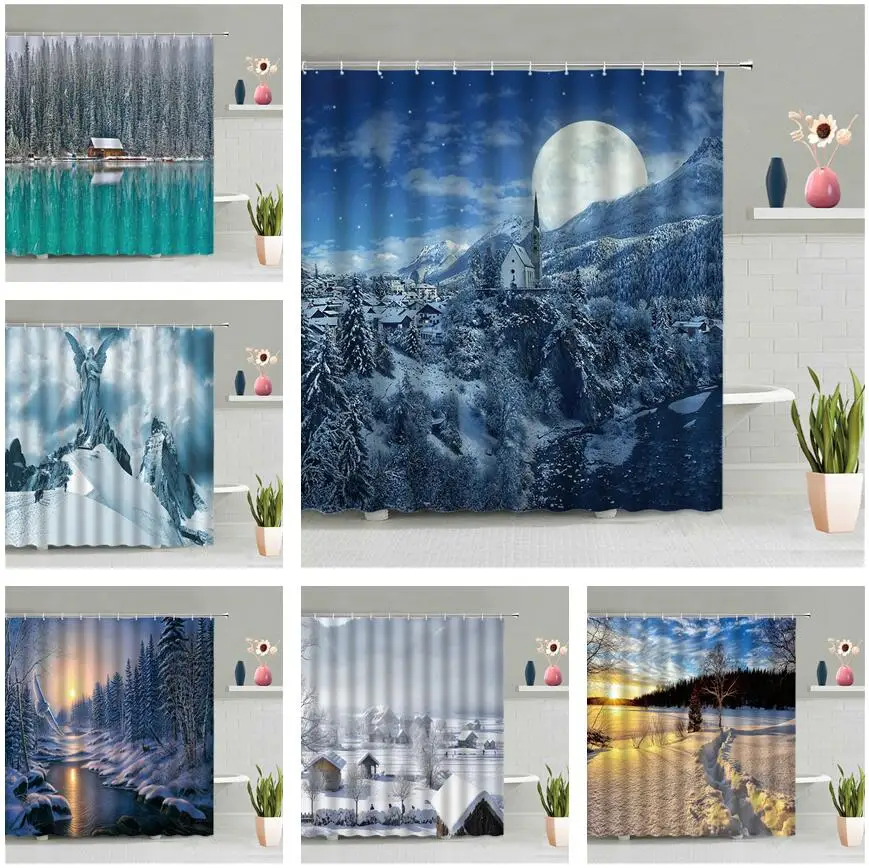 Занавеска для душа зимняя с изображением снежной сцены настенная висячая штора