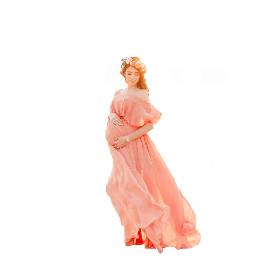 

Women Pregnants Maternity Photography Props Shoulderless Ruffles Solid Dress Bohemian Pregnants maternity dress for Photography