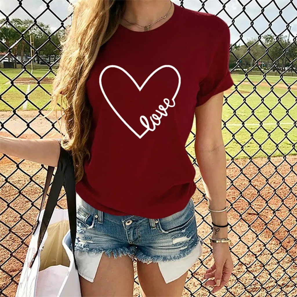 Женская Повседневная футболка с принтом Love Heart коротким рукавом и графическим на