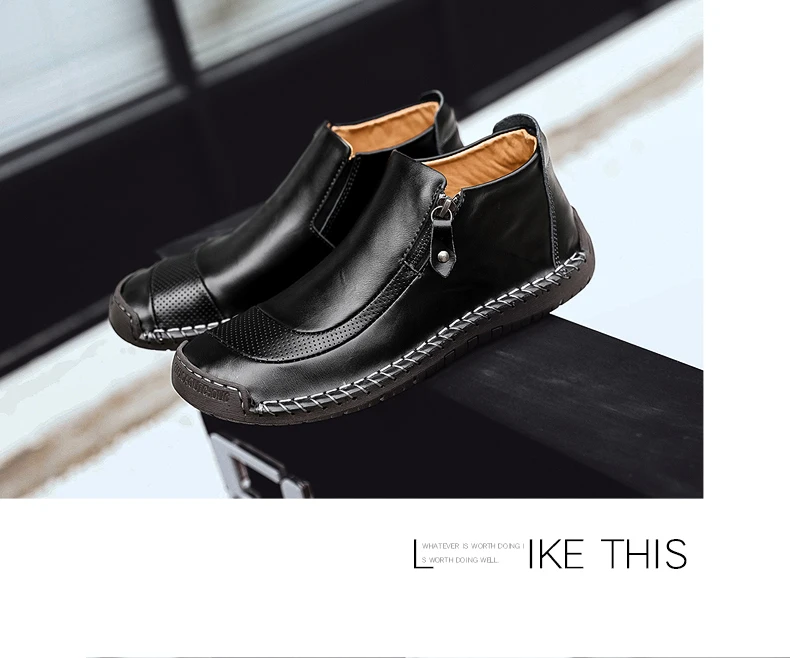 Valstone/Мужская зимняя повседневная кожаная обувь ручной работы плюшевые кроссовки Уличная обувь на молнии высокий ботинок Мокасины без застежки, большие размеры 48