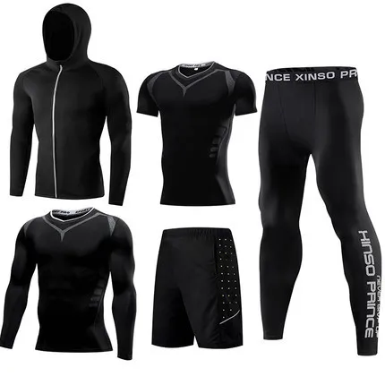 Fitness suit men's basketball tights training suit running gym fast dry spring and autumn five-piece set - Цвет: Зеленый