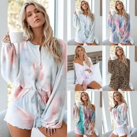 2020 autumn and winter long sleeved home wear two piece casual tie dye printed pajamas set plus size ladies pajamas robe top