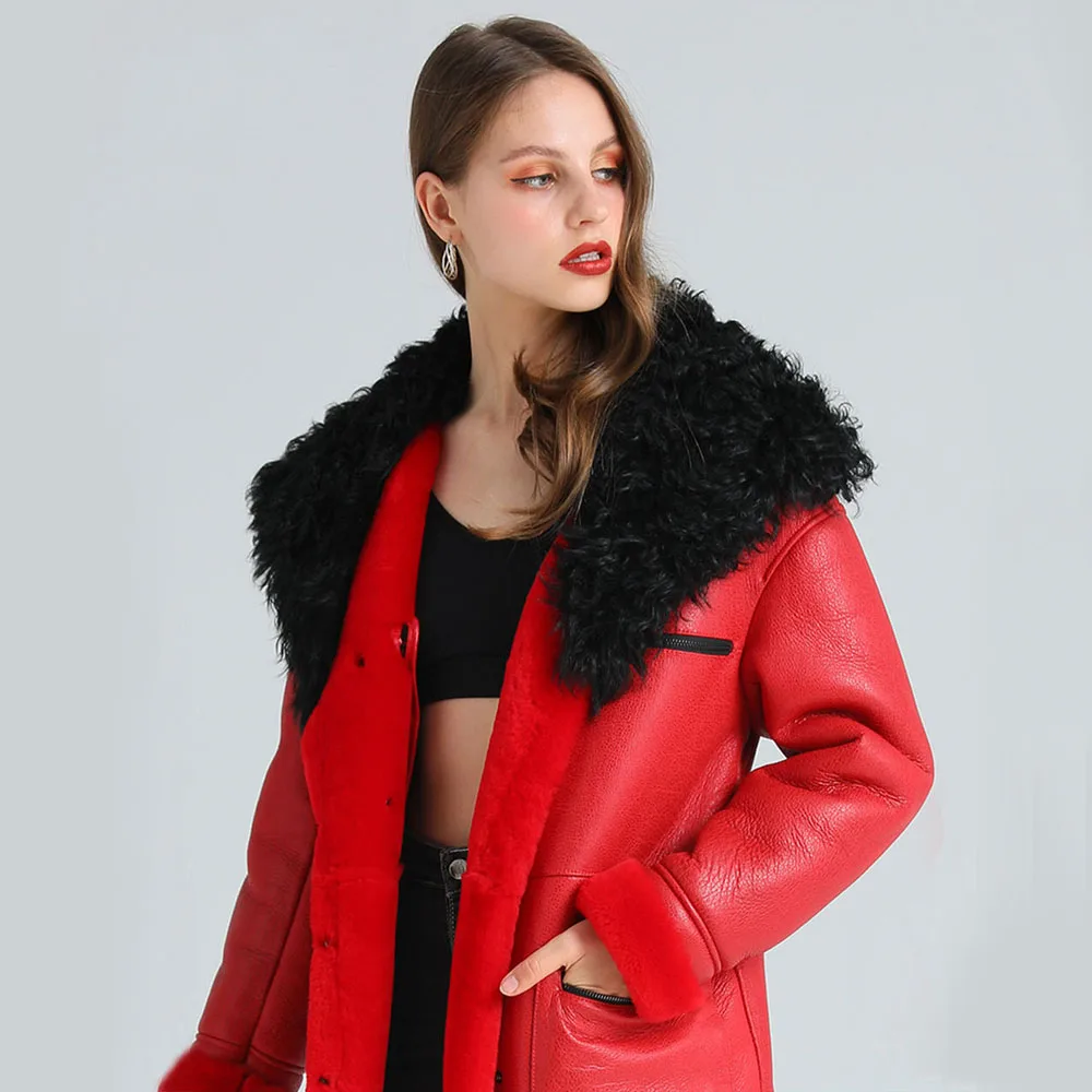 Red Extra Long Real Sheepskin Shearling Fur Coat Women Fashion Winter Thicken Warm Natural Fur Clothing