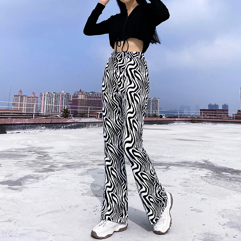 Брюки женские с широкими штанинами и полосками зебры модные повседневные