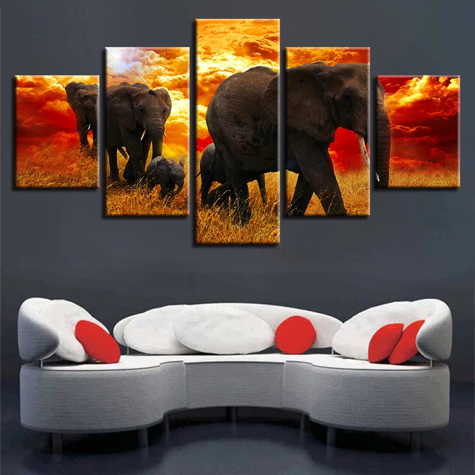 

Wall Art Украшение холст 5 Панель Картины фотографии слона HD печатает модульная закат пейзаж плакат для Гостиная
