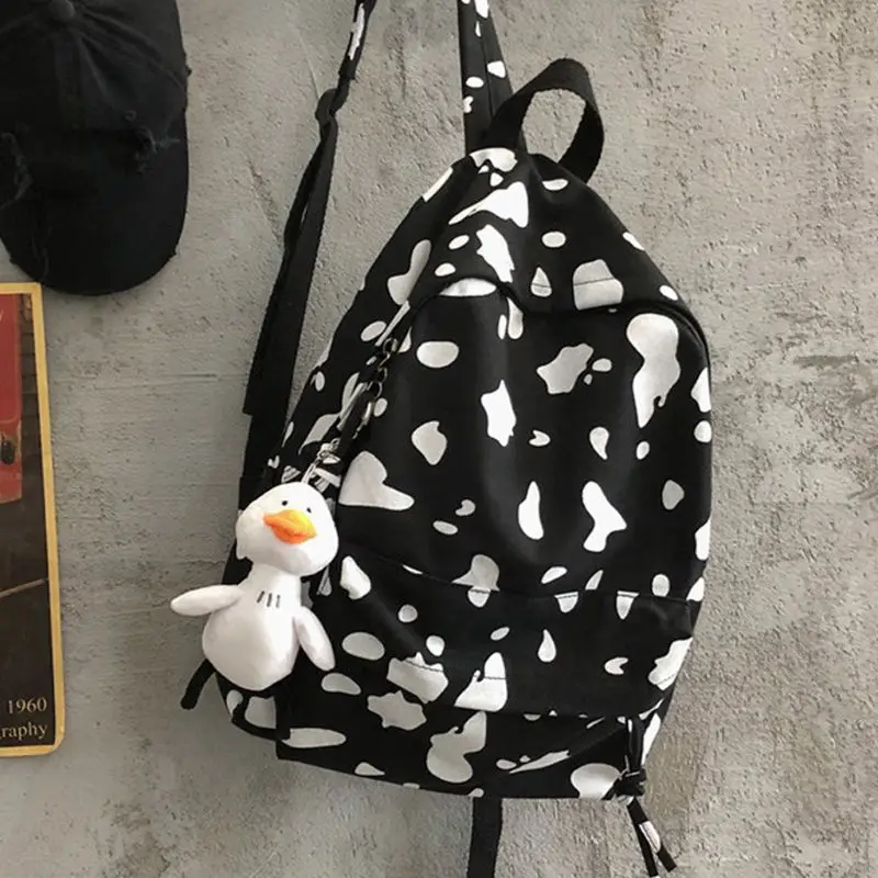 

Cute Milk Cow Printing Canvas Backpack School Bag Casual Daypack for Teenager LX9F